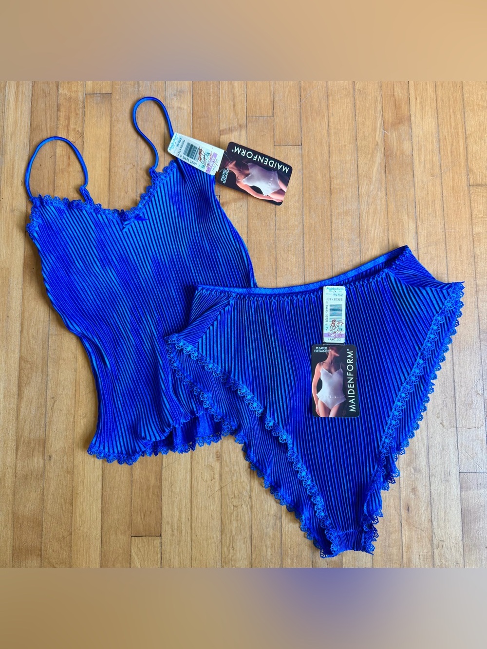 Vintage Maidenform Camisole Panties Set Hi Cut Fairycore Pleated Elegance Blue M - Picture 7 of 11